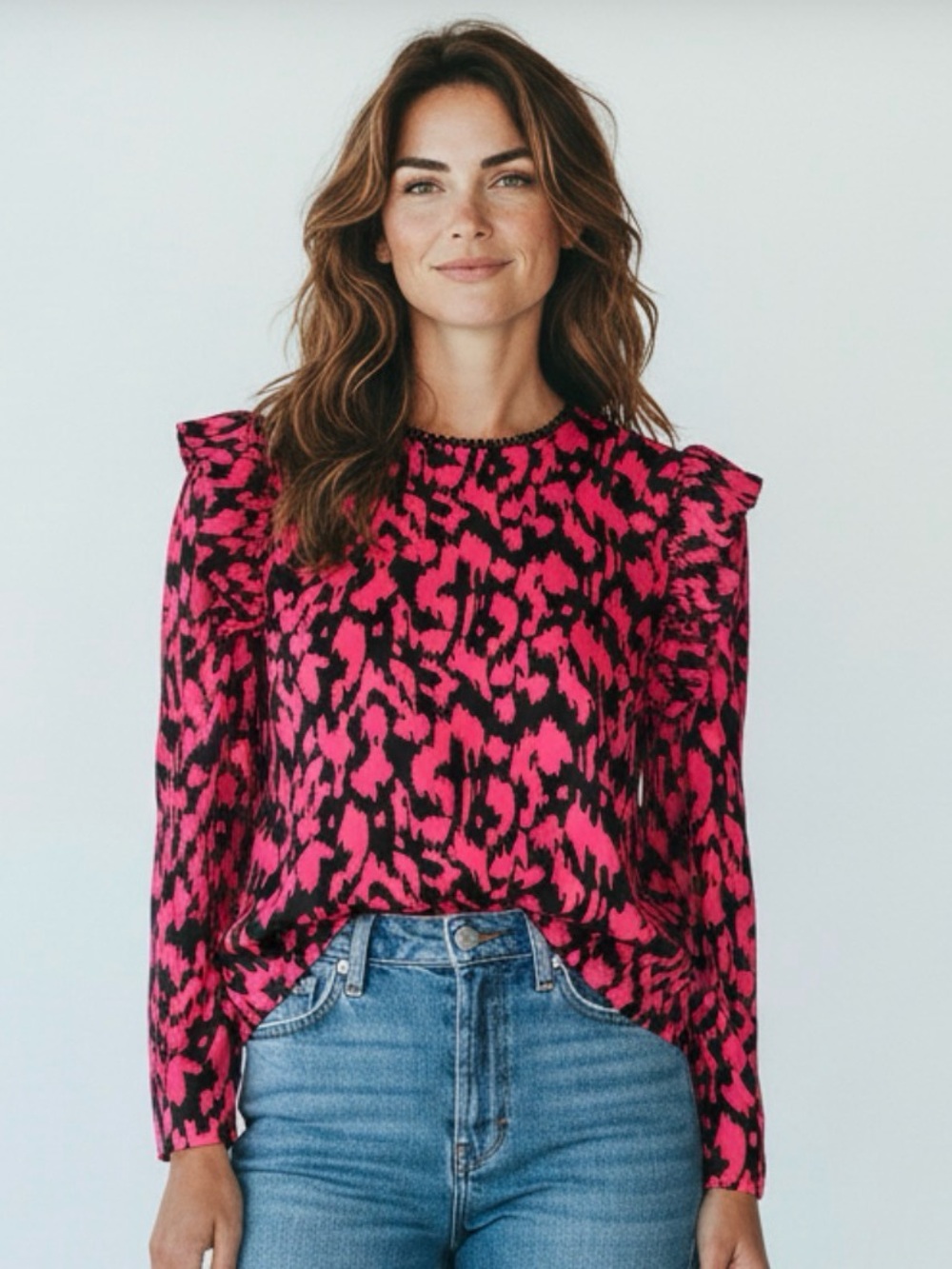 🫶🏻 Boutique Bold Pink Leopard Print Ruffle Shoulder Top